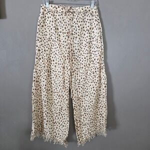 Kivari Womens Wide Leg Linen Pants Size Medium Leopard Print Fringe Hem Coastal